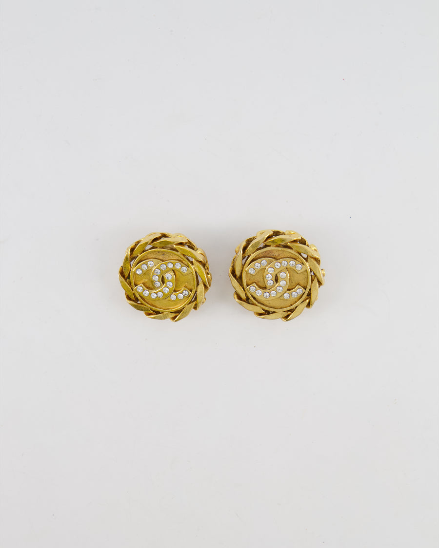 Chanel Vintage Gold Round Chain Link Clip On Earrings with Crystal Embellished CC Logo