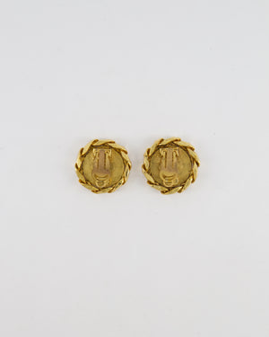Chanel Vintage Gold Round Chain Link Clip On Earrings with Crystal Embellished CC Logo