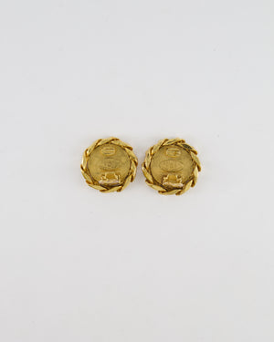 Chanel Vintage Gold Round Chain Link Clip On Earrings with Crystal Embellished CC Logo