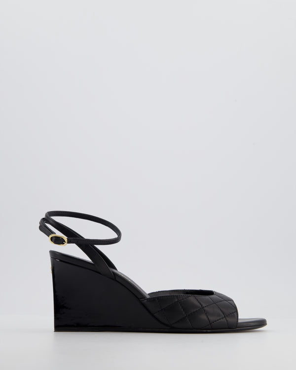 Chanel Black CC Open Toe Patent Wedges with Quilted Detail Size EU 39