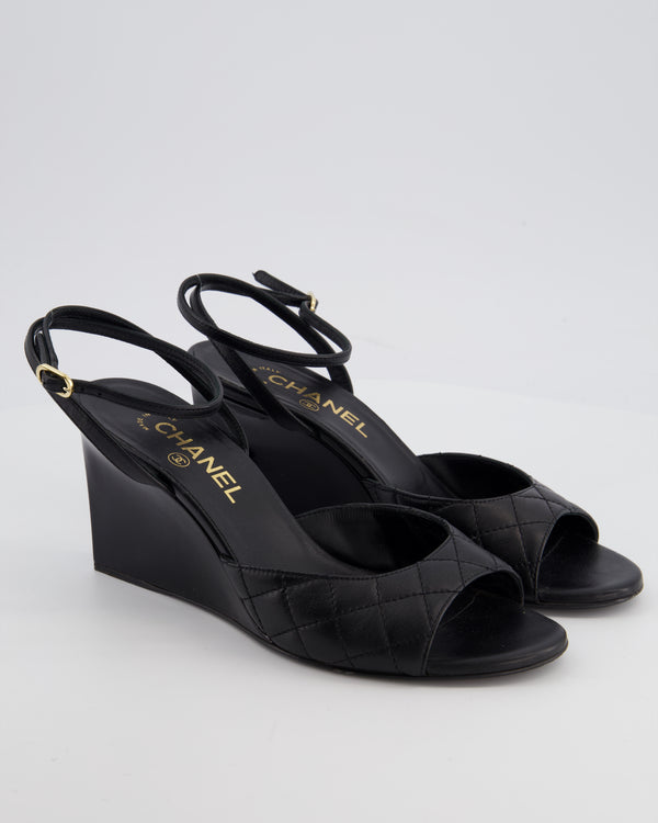 Chanel Black CC Open Toe Patent Wedges with Quilted Detail Size EU 39
