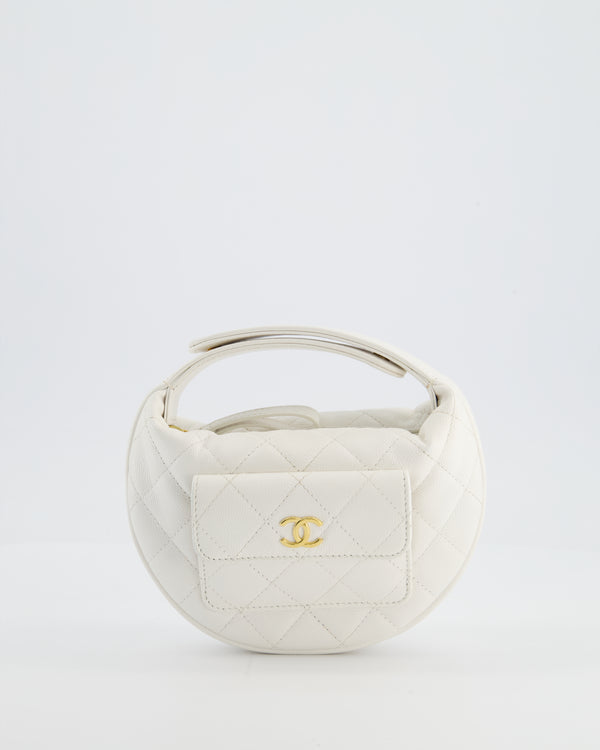Chanel White Quilted Polly Pocket Hobo Bag in Caviar Leather with Gold Hardware