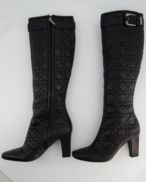 Christian Dior Cannage Black Leather Knee Boots with Buckle Detail Size 37