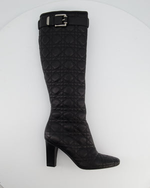 Christian Dior Cannage Black Leather Knee Boots with Buckle Detail Size 37
