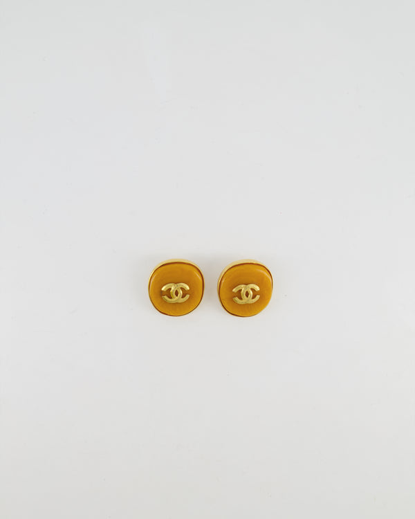 Chanel Vintage 98P Orange Rounded Clip On Earrings with Gold Rim and CC Logo Detail