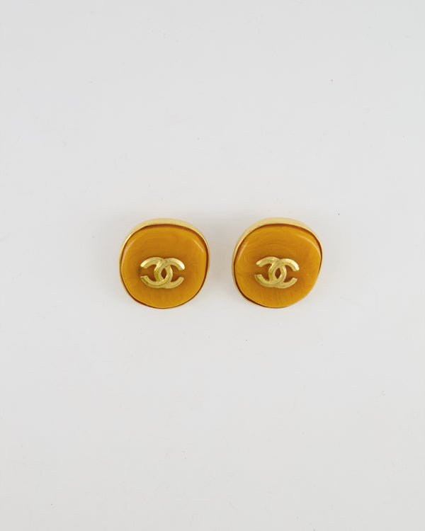 Chanel Vintage 98P Orange Rounded Clip On Earrings with Gold Rim and CC Logo Detail