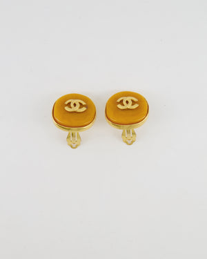 Chanel Vintage 98P Orange Rounded Clip On Earrings with Gold Rim and CC Logo Detail
