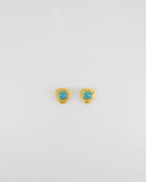 Chanel Vintage 95P Brushed Gold Triangle Clip On Earrings with Round Turquoise Stone and CC Logo Detail