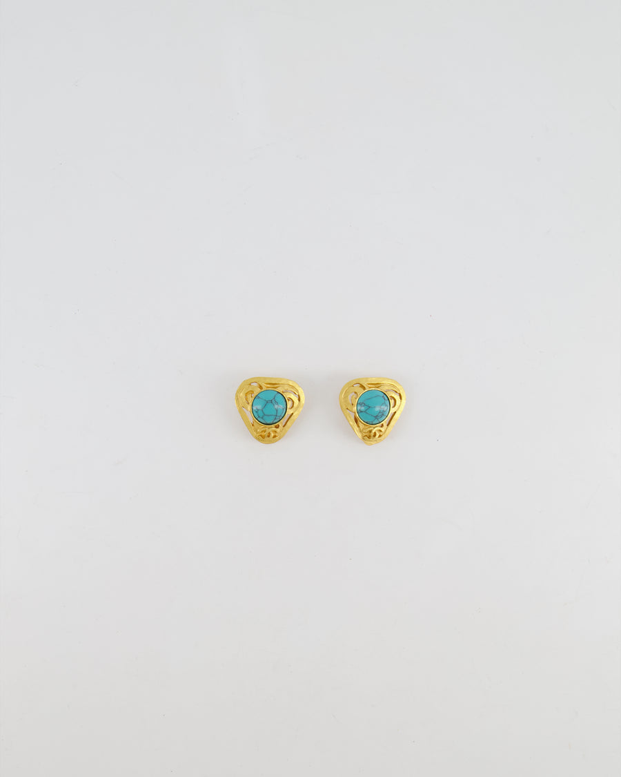 Chanel Vintage 95P Brushed Gold Triangle Clip On Earrings with Round Turquoise Stone and CC Logo Detail