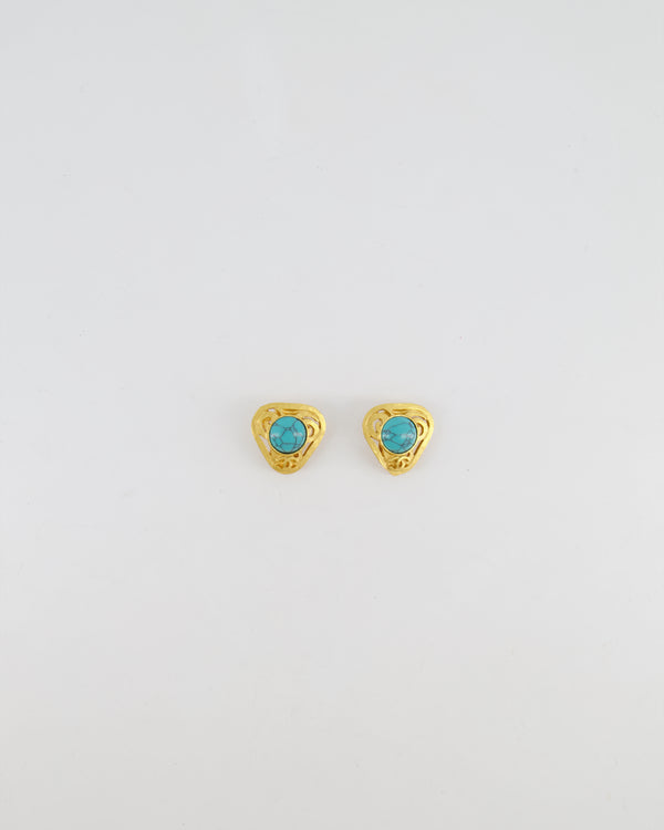 Chanel Vintage 95P Brushed Gold Triangle Clip On Earrings with Round Turquoise Stone and CC Logo Detail