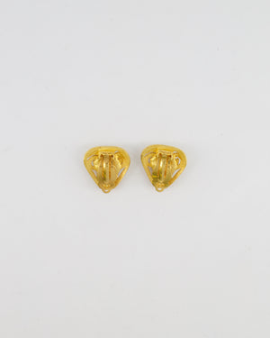 Chanel Vintage 95P Brushed Gold Triangle Clip On Earrings with Round Turquoise Stone and CC Logo Detail