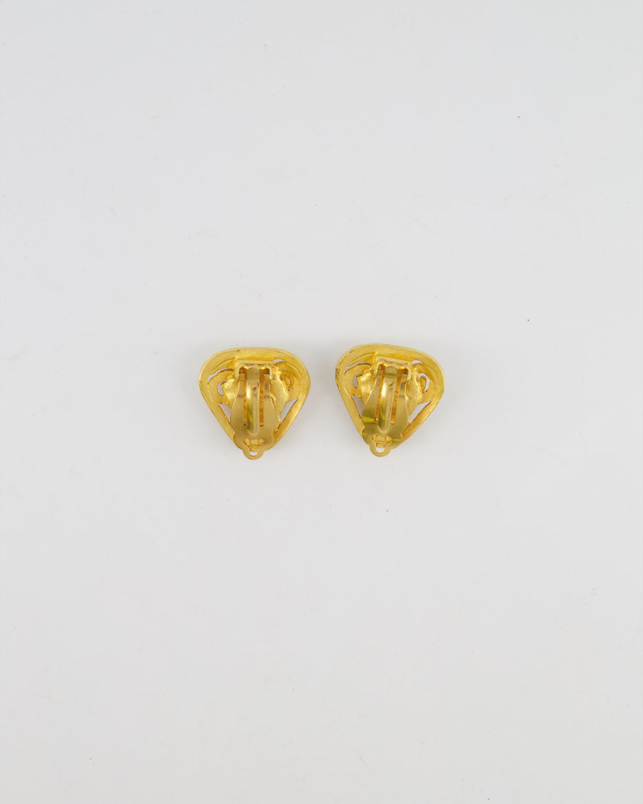 Chanel Vintage 95P Brushed Gold Triangle Clip On Earrings with Round Turquoise Stone and CC Logo Detail