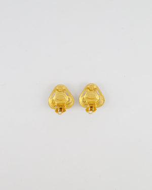 Chanel Vintage 95P Brushed Gold Triangle Clip On Earrings with Round Turquoise Stone and CC Logo Detail