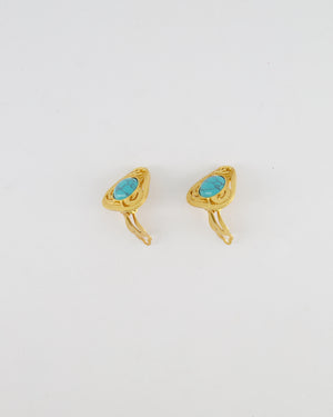Chanel Vintage 95P Brushed Gold Triangle Clip On Earrings with Round Turquoise Stone and CC Logo Detail