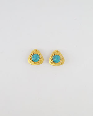 Chanel Vintage 95P Brushed Gold Triangle Clip On Earrings with Round Turquoise Stone and CC Logo Detail