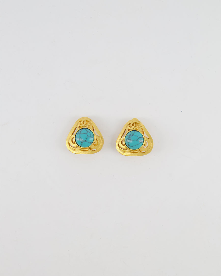 Chanel Vintage 95P Brushed Gold Triangle Clip On Earrings with Round Turquoise Stone and CC Logo Detail