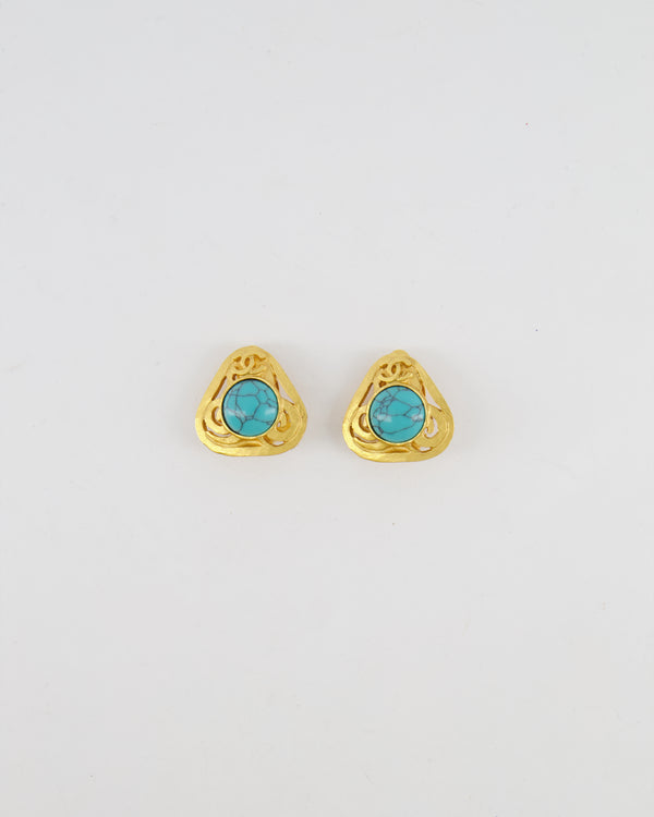 Chanel Vintage 95P Brushed Gold Triangle Clip On Earrings with Round Turquoise Stone and CC Logo Detail