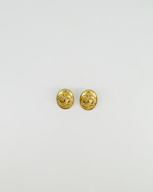 Chanel Vintage 94P Gold Polished Oval Clip On Earrings with CC Logo