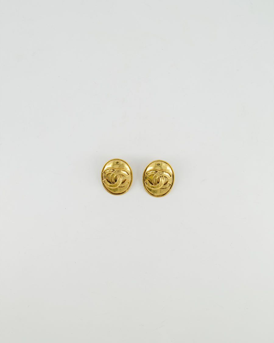 Chanel Vintage 94P Gold Polished Oval Clip On Earrings with CC Logo