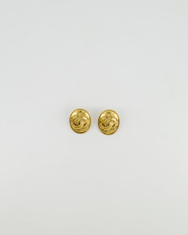 Chanel Vintage 94P Gold Polished Oval Clip On Earrings with CC Logo