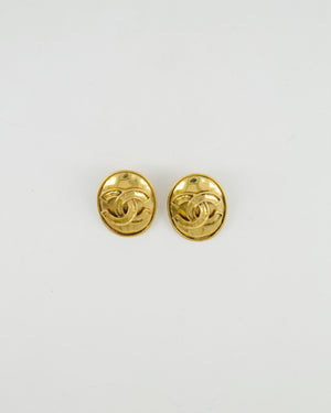 Chanel Vintage 94P Gold Polished Oval Clip On Earrings with CC Logo