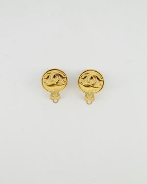Chanel Vintage 94P Gold Polished Oval Clip On Earrings with CC Logo