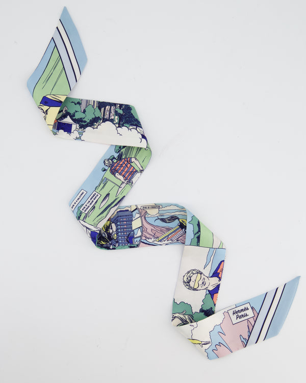 Hermès "WOW" Blue Printed Silk Twilly