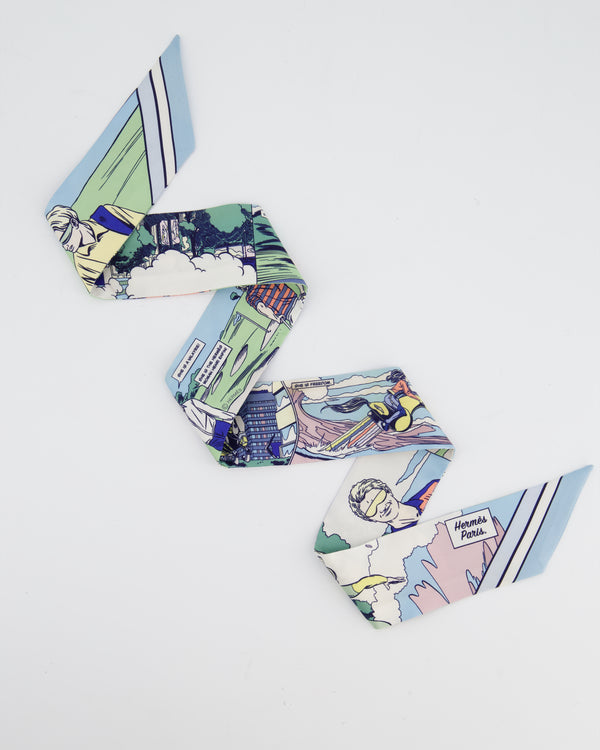 Hermès "WOW" Blue Printed Silk Twilly