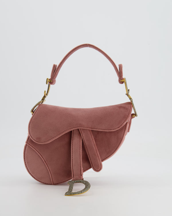 Christian Dior Pink Velvet Mini Saddle Bag with Gold and Crystal Embellished Hardware