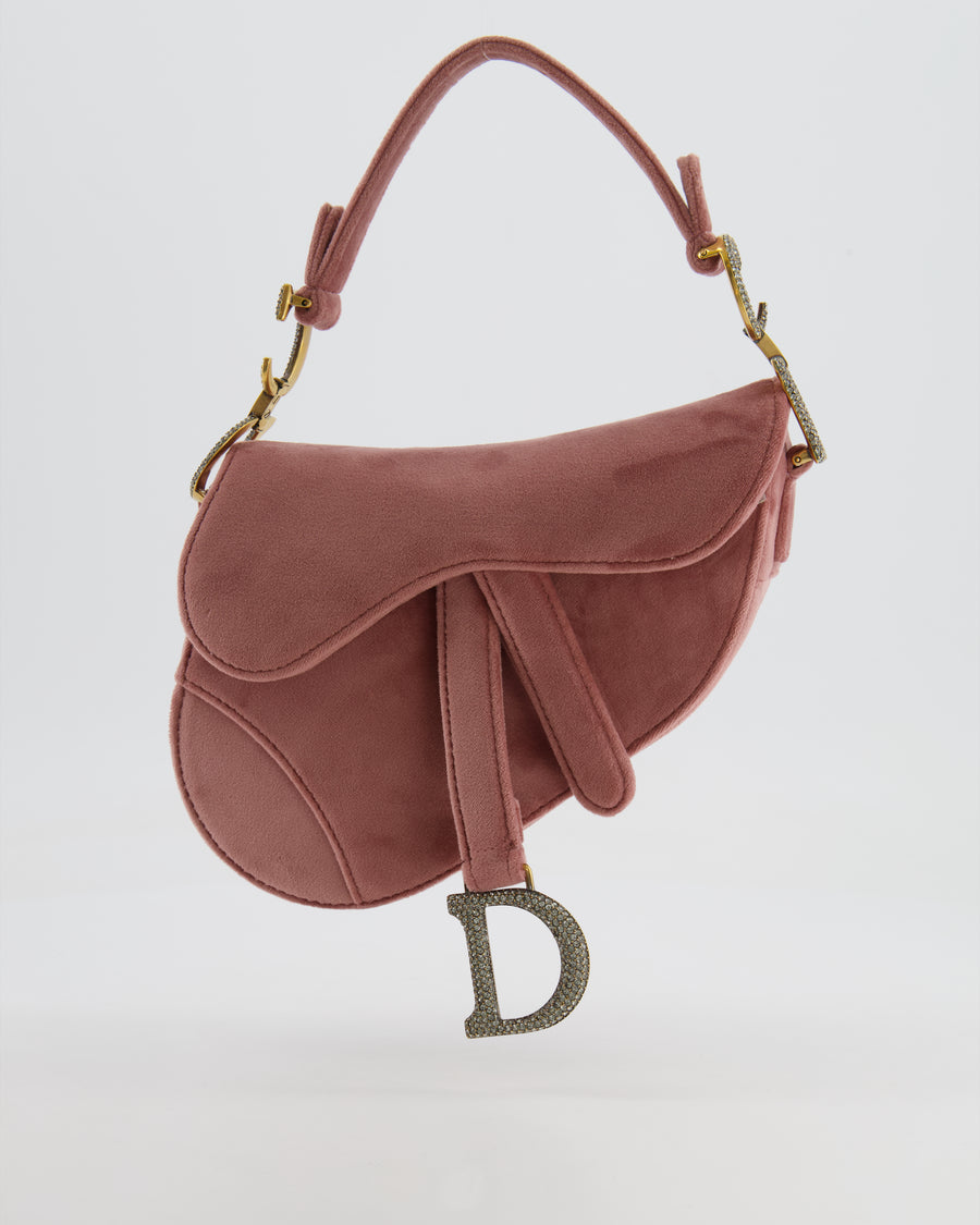 Christian Dior Pink Velvet Mini Saddle Bag with Gold and Crystal Embellished Hardware