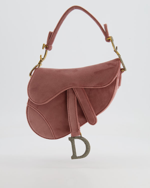 Christian Dior Pink Velvet Mini Saddle Bag with Gold and Crystal Embellished Hardware