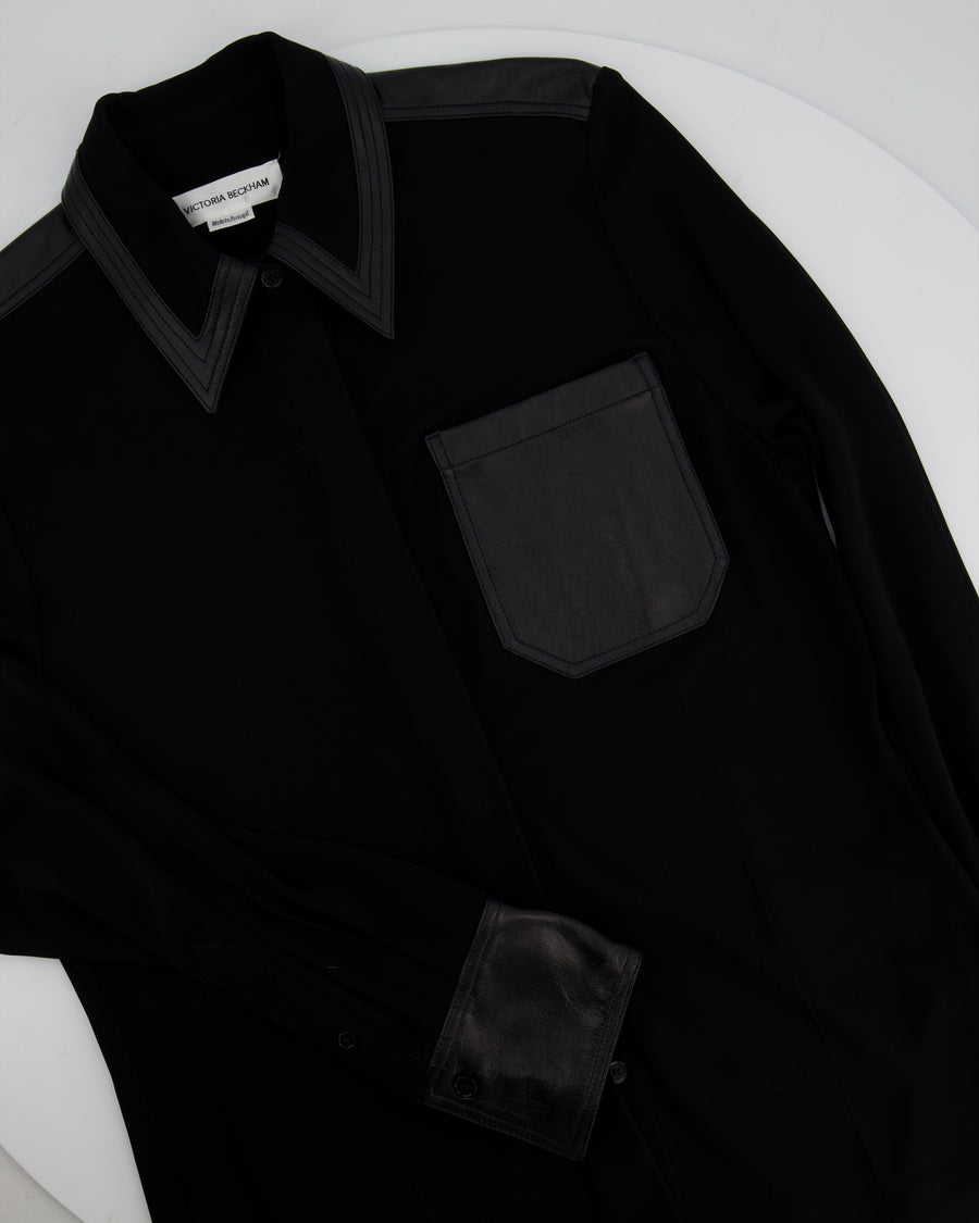 Victoria Beckham Black Long Sleeve Button Down Shirt with Leather Collar and Pocket Details Size UK 8