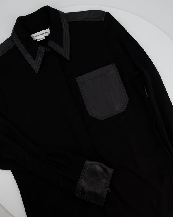 Victoria Beckham Black Long Sleeve Button Down Shirt with Leather Collar and Pocket Details Size UK 8