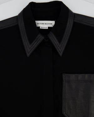 Victoria Beckham Black Long Sleeve Button Down Shirt with Leather Collar and Pocket Details Size UK 8