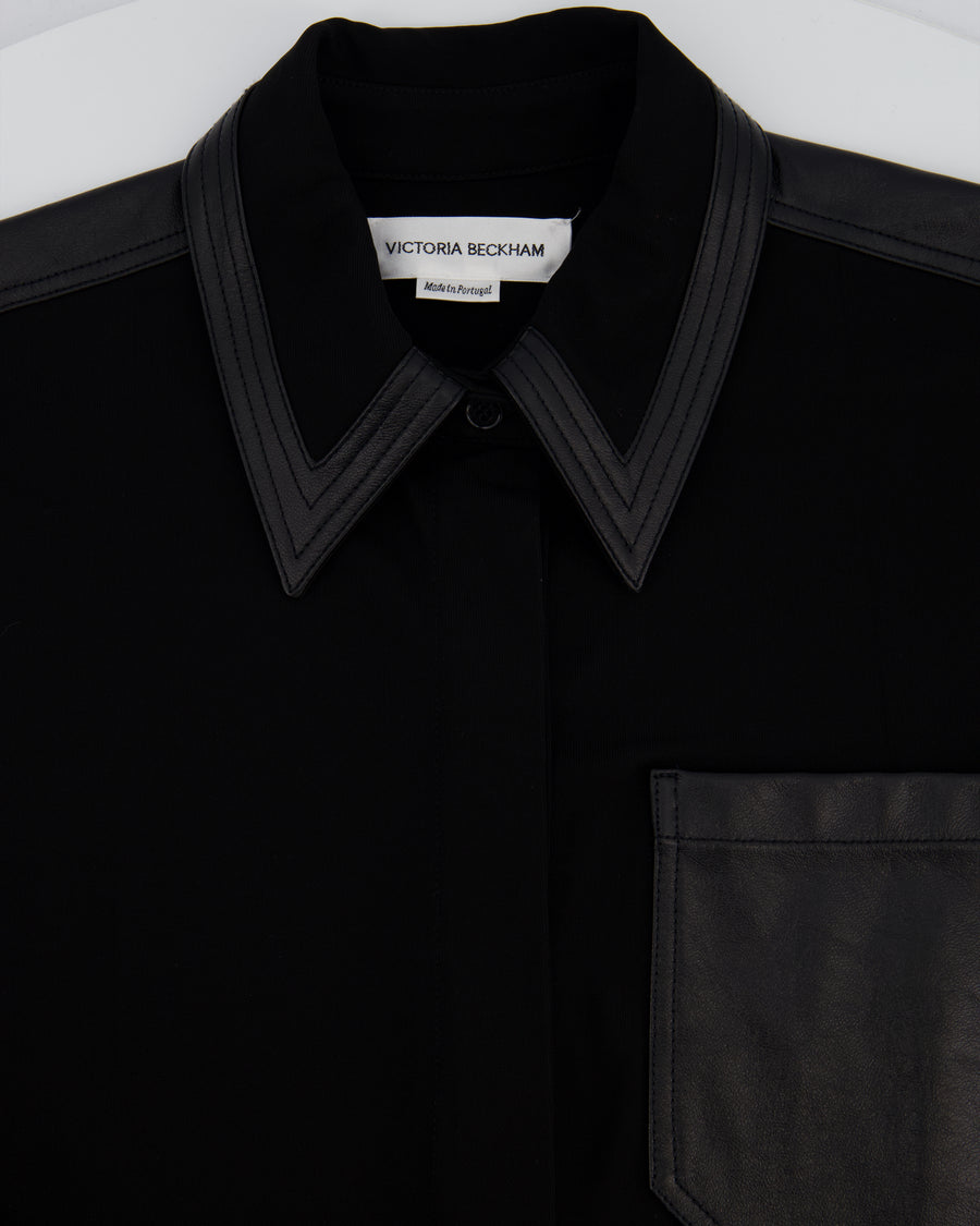 Victoria Beckham Black Long Sleeve Button Down Shirt with Leather Collar and Pocket Details Size UK 8