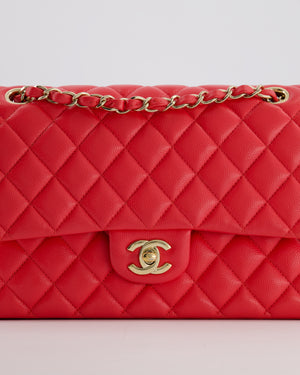Chanel Iridescent Coral Red Classic Medium Double Flap Bag in Caviar Leather with Champagne Gold Hardware