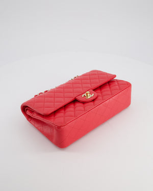 Chanel Iridescent Coral Red Classic Medium Double Flap Bag in Caviar Leather with Champagne Gold Hardware