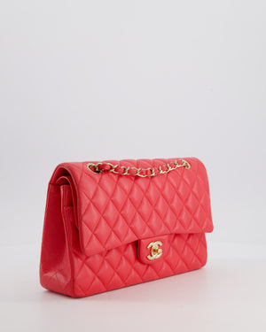 Chanel Iridescent Coral Red Classic Medium Double Flap Bag in Caviar Leather with Champagne Gold Hardware