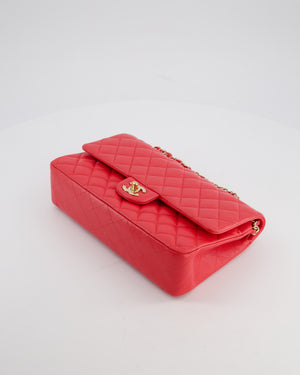 Chanel Iridescent Coral Red Classic Medium Double Flap Bag in Caviar Leather with Champagne Gold Hardware