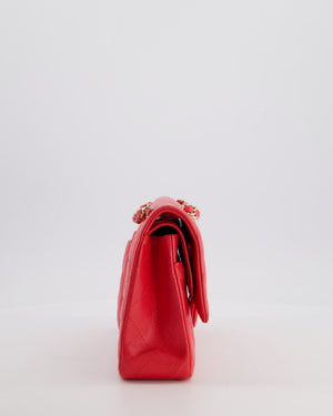Chanel Iridescent Coral Red Classic Medium Double Flap Bag in Caviar Leather with Champagne Gold Hardware