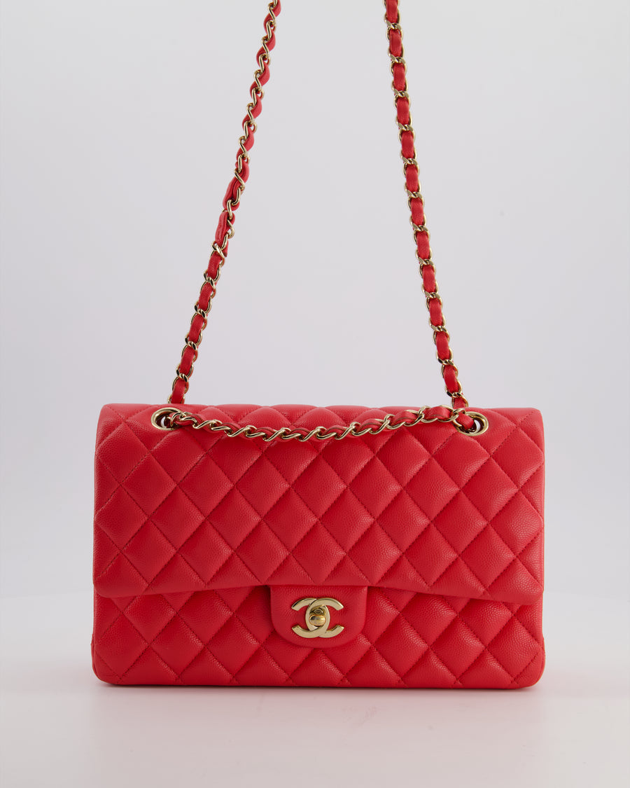 Chanel Iridescent Coral Red Classic Medium Double Flap Bag in Caviar Leather with Champagne Gold Hardware
