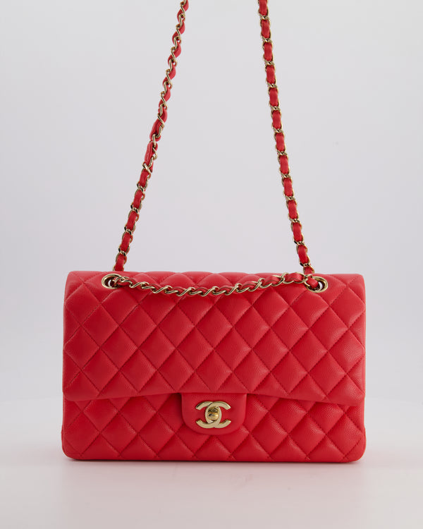 Chanel Iridescent Coral Red Classic Medium Double Flap Bag in Caviar Leather with Champagne Gold Hardware