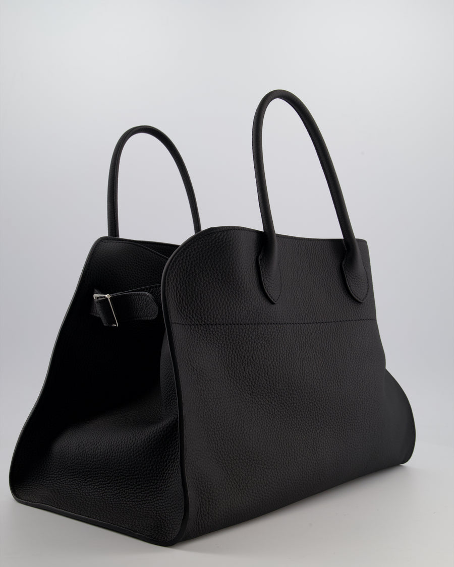 The Row Black Soft Margaux 15 in Matte Grained Calfskin with Silver Hardware