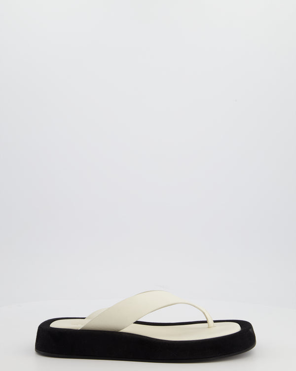 The Row Ginza White Calfskin & Black Suede Flip Flops with Suede Details Size 40