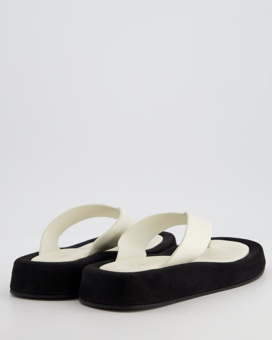 The Row Ginza White Calfskin & Black Suede Flip Flops with Suede Details Size 40