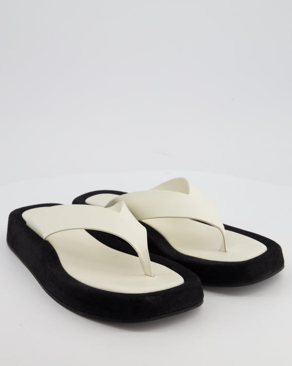 The Row Ginza White Calfskin & Black Suede Flip Flops with Suede Details Size 40