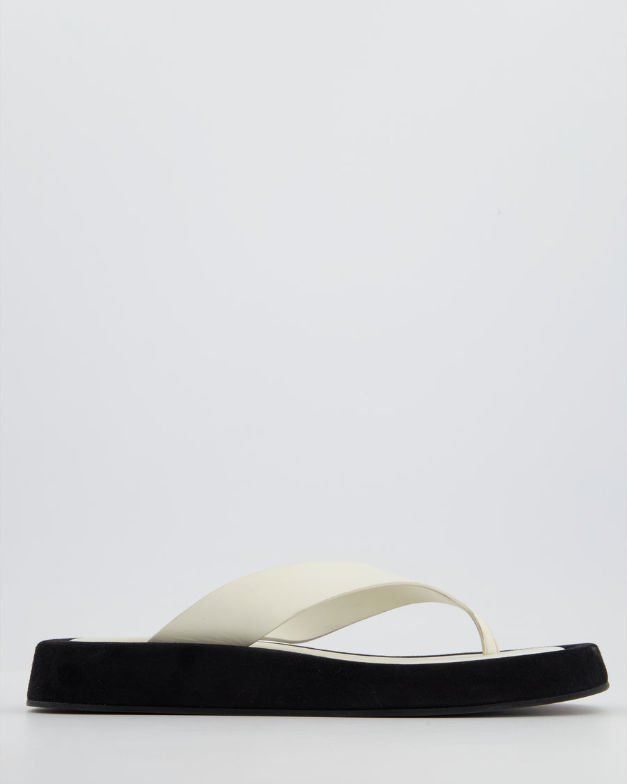 The Row Ginza White Calfskin & Black Suede Flip Flops with Suede Details Size 40