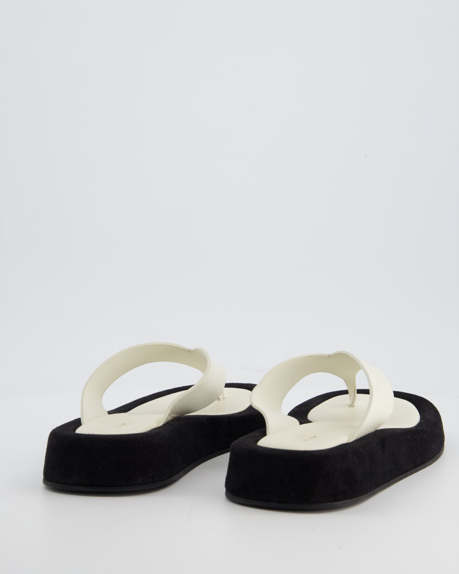 The Row Ginza White Calfskin & Black Suede Flip Flops with Suede Details Size 40
