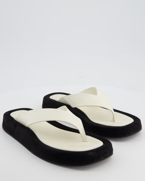 The Row Ginza White Calfskin & Black Suede Flip Flops with Suede Details Size 40
