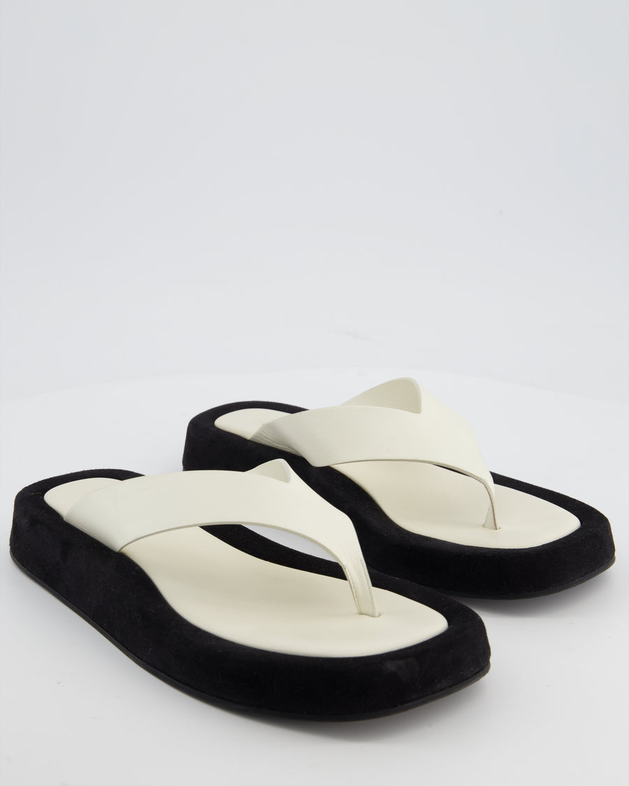 The Row Ginza White Calfskin & Black Suede Flip Flops with Suede Details Size 40
